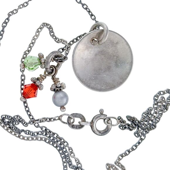Paw Print Disk Red Green Crystal Pearl Necklace | Sterling Silver 925 | 15.5" - Picture 4 of 5